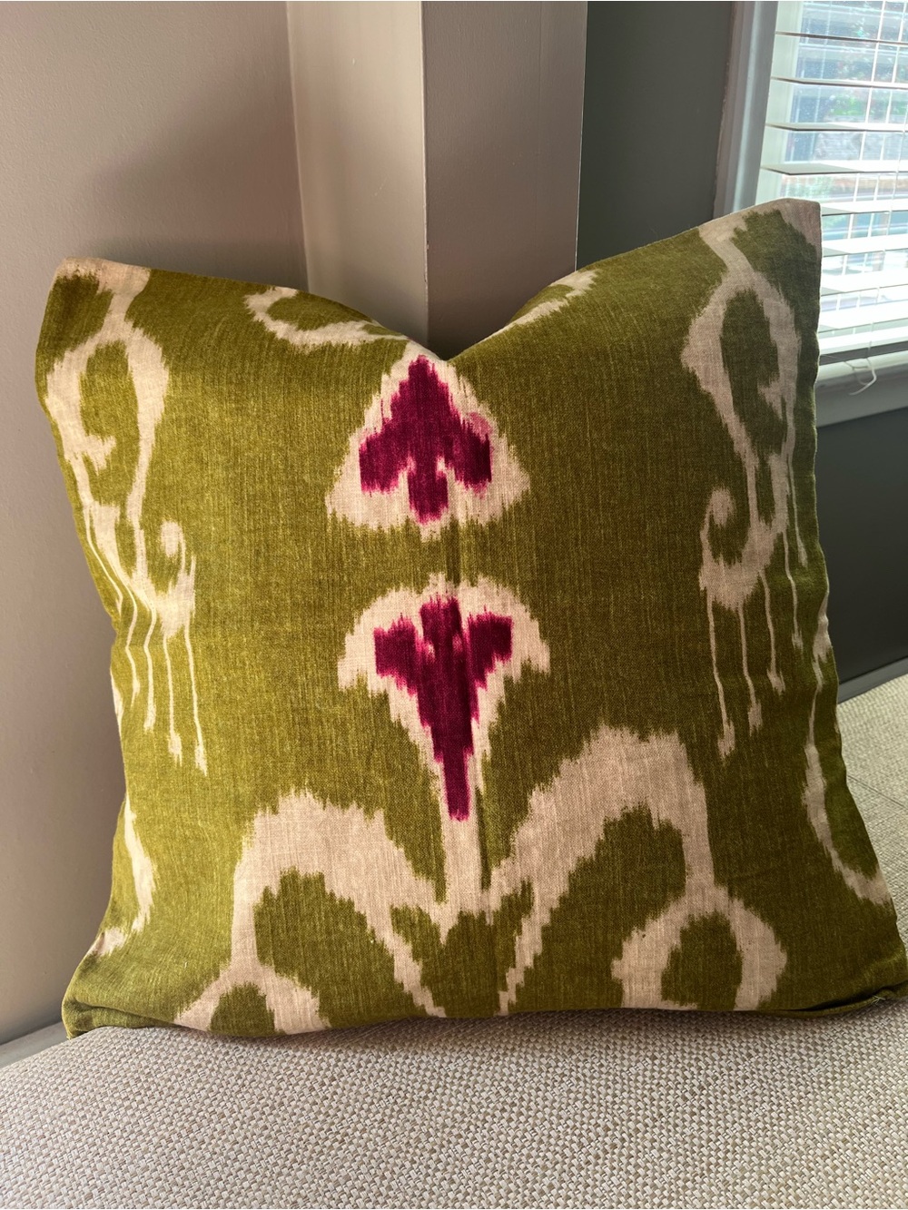Chartreuse and magenta Ikat pillow cover. High end Designer fabric.